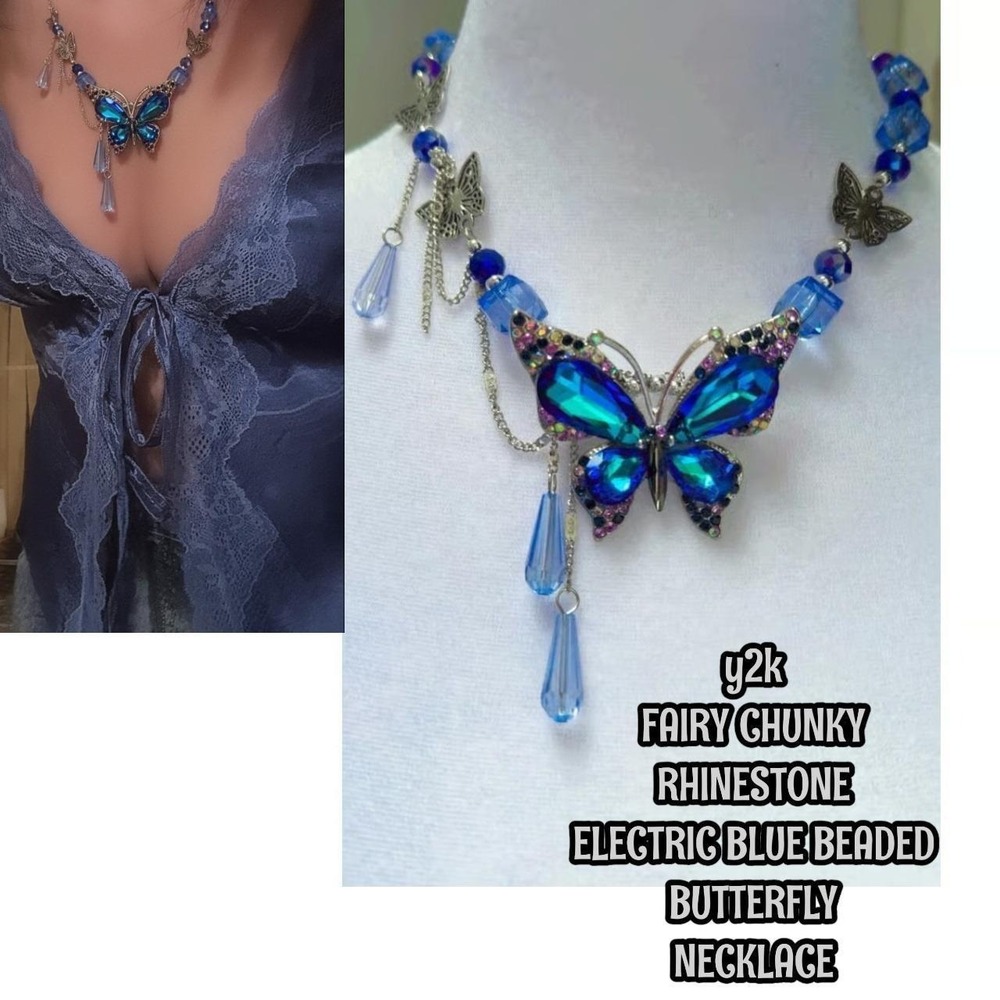 Y2K DEEP OCEAN ELECTRIC BLUE CHUNKY BEADED RHINESTONE BUTTERFLY NECKLACE